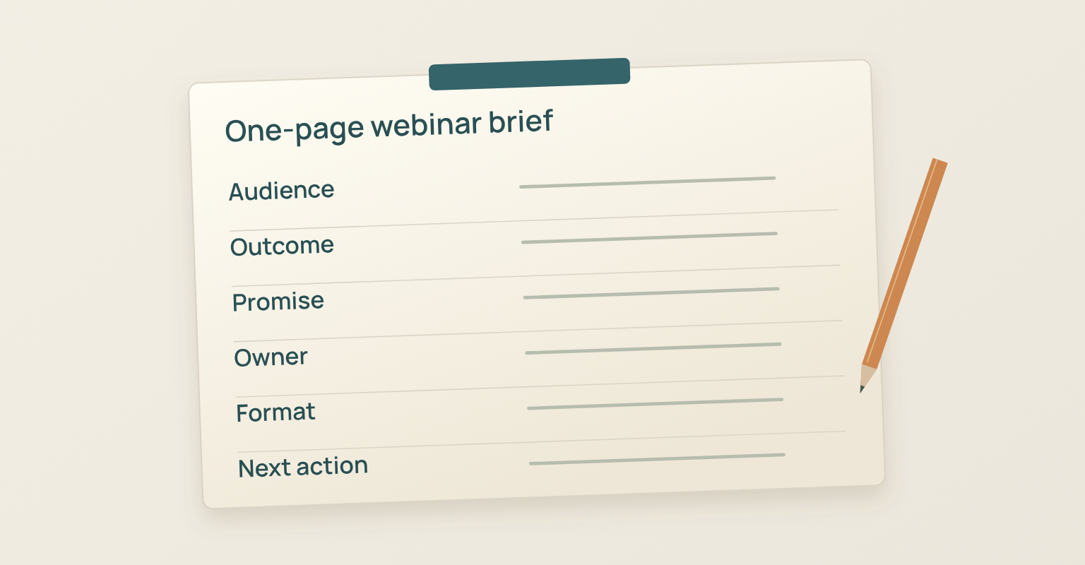 Webinar planning diagram: Audience, Outcome, Promise, Owner, Format, Next action