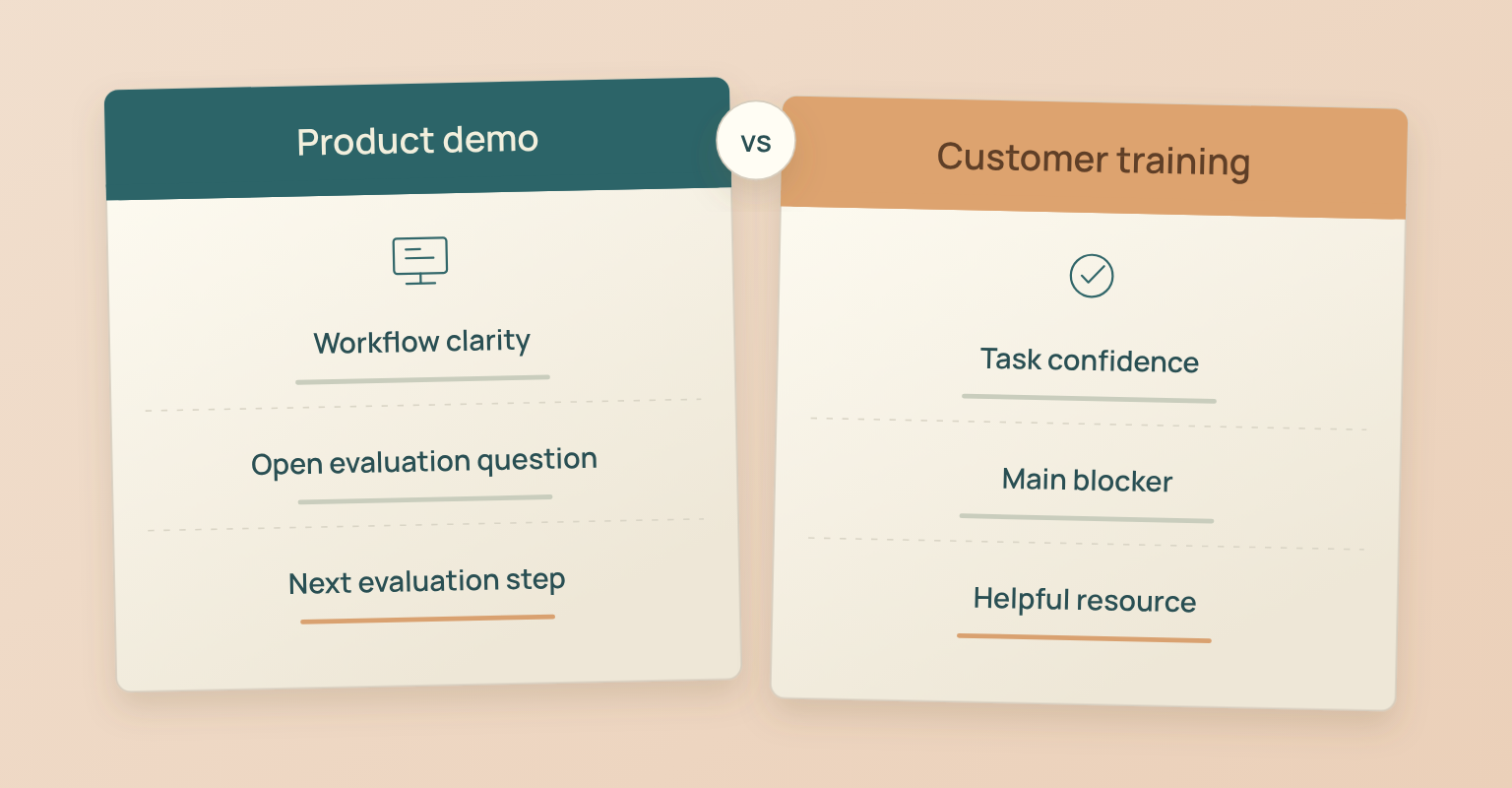 Two cards comparing the survey questions for a product demo with those for customer training