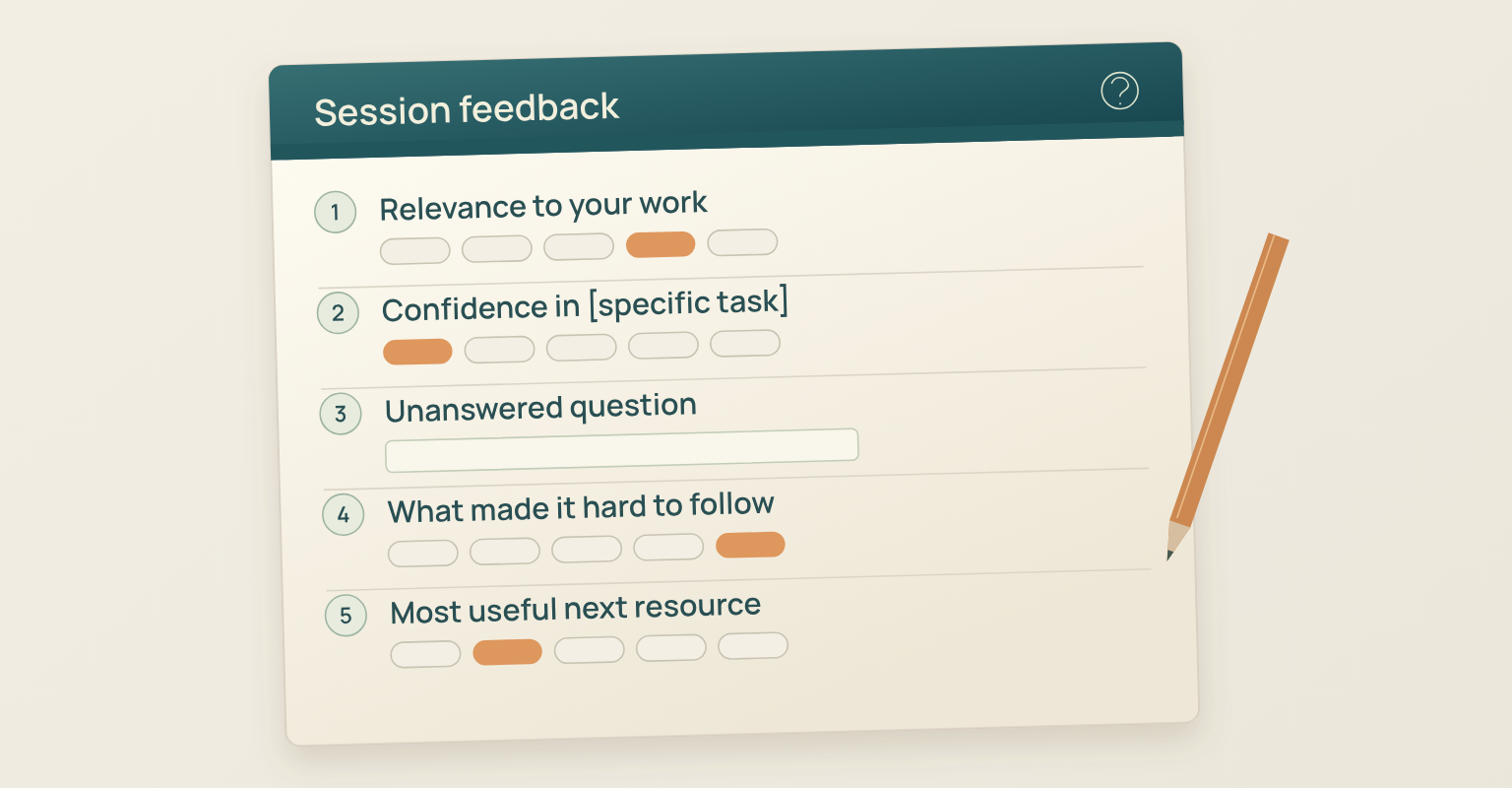 Survey sheet titled Session feedback with five numbered questions and their response options