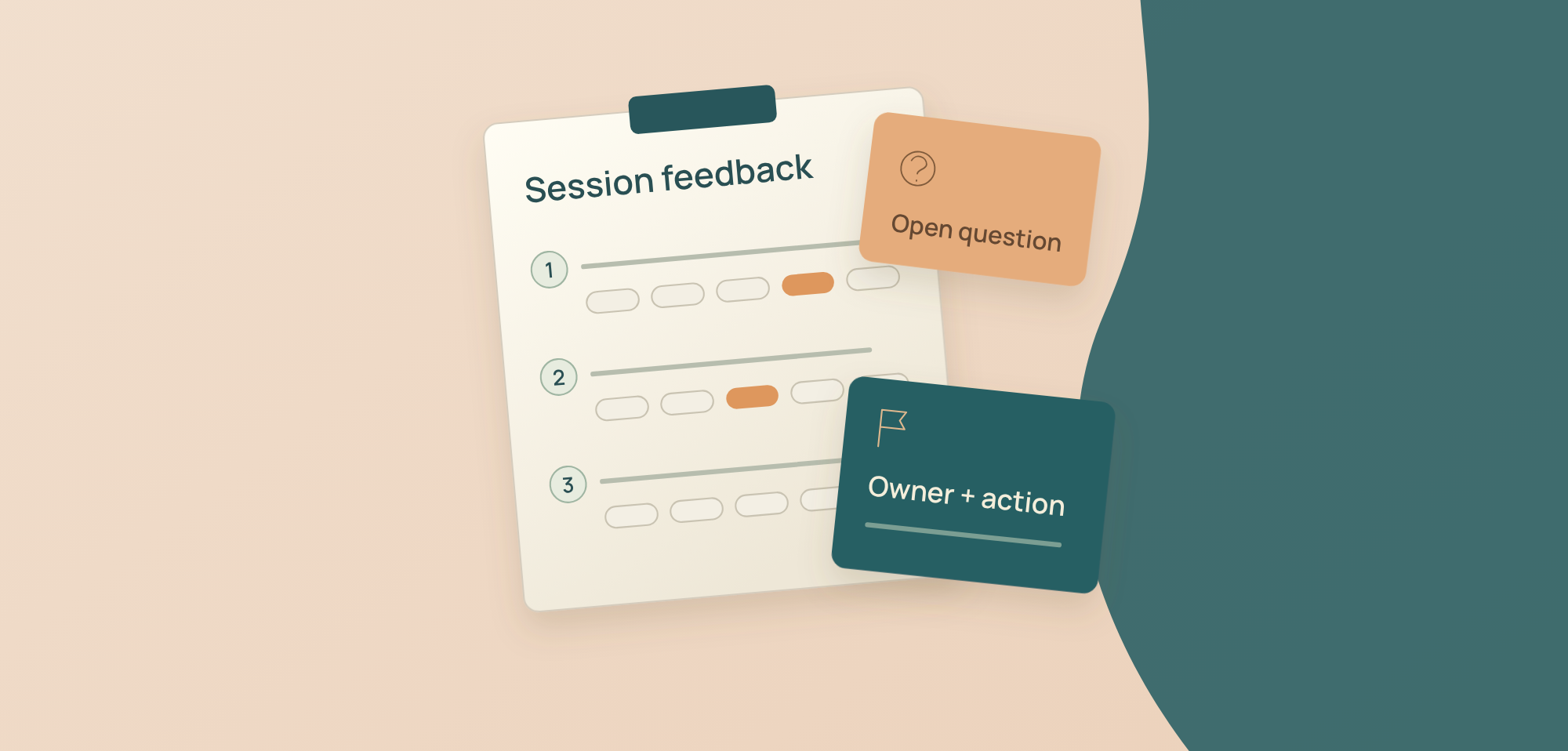 Illustration of a post-webinar survey form with five numbered questions and response scales, next to a pencil