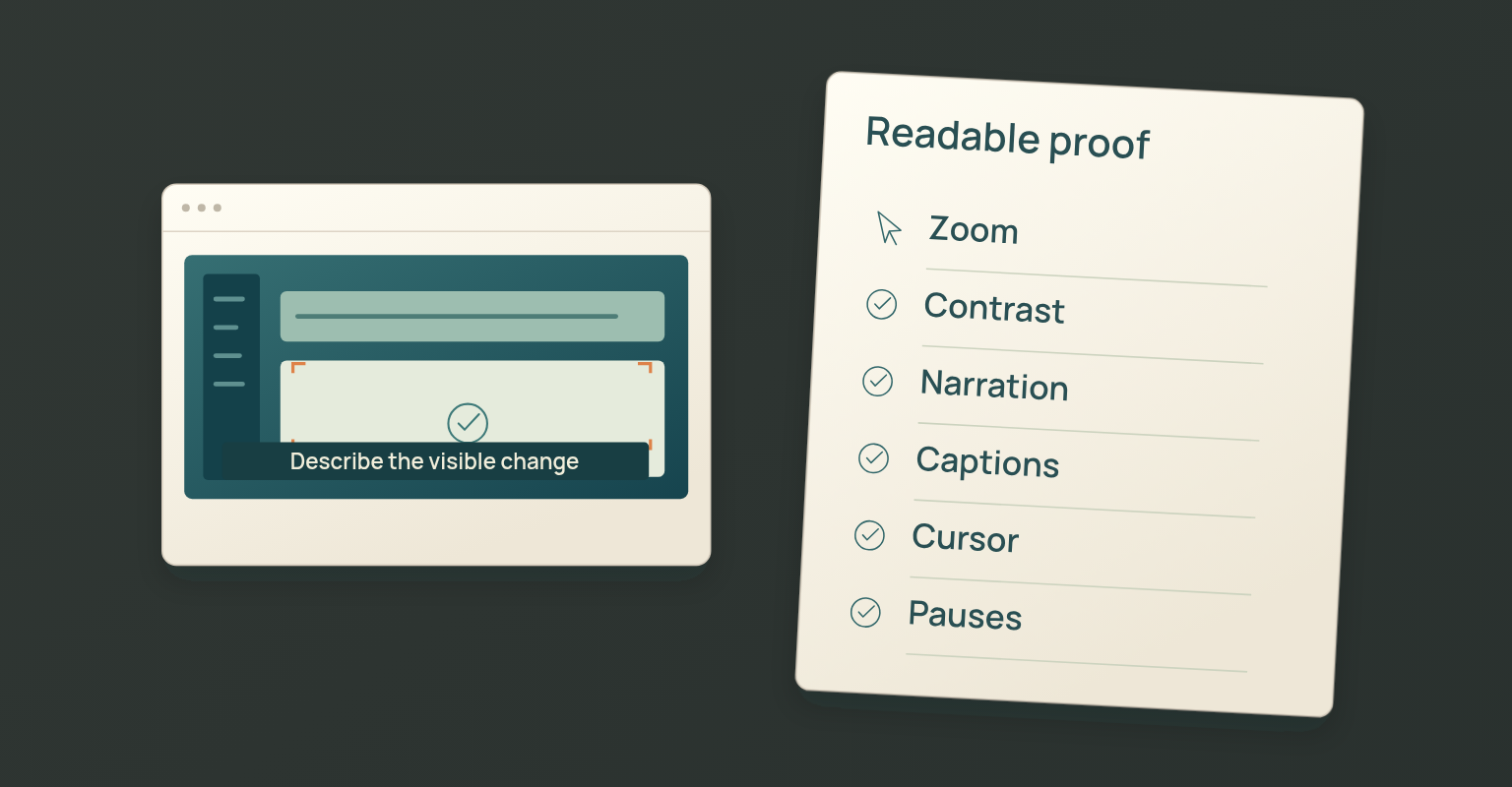Product demo script diagram: Zoom, Contrast, Narration, Captions, Cursor, Pauses