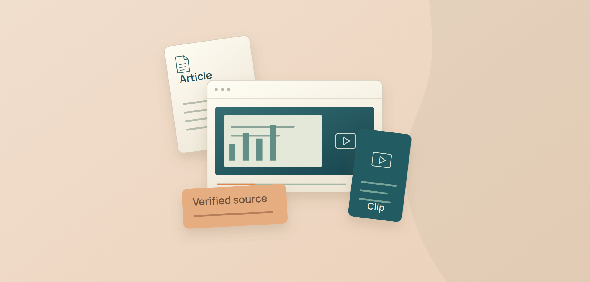 Illustration of a webinar recording repurposed into an article and a clip from a verified source