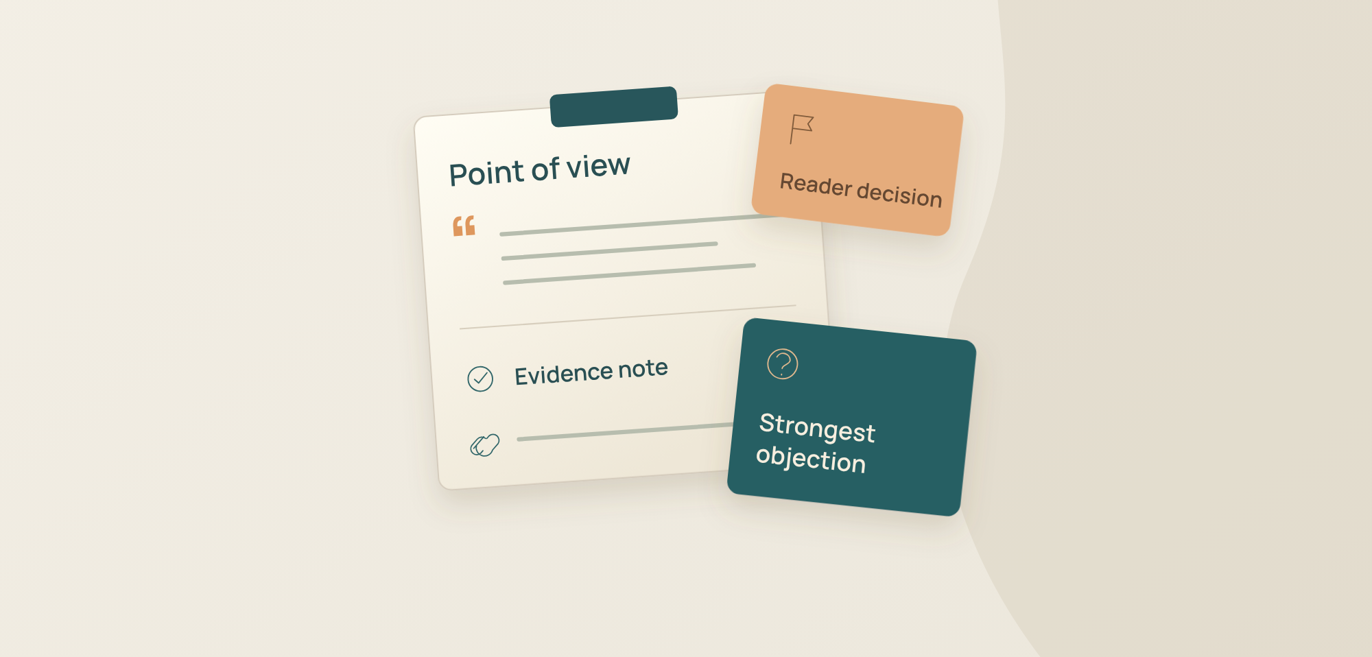 Illustration of a point-of-view note with an evidence line, a reader decision card and a strongest objection card