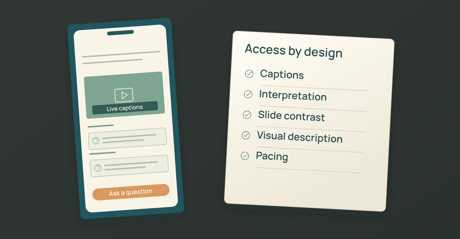 Live webinar hosting diagram: Captions, Interpretation, Slide contrast, Visual description, Pacing