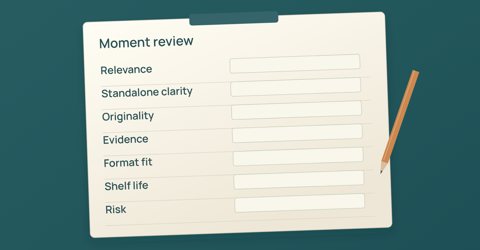 Webinar content repurposing diagram: Relevance, Standalone clarity, Originality, Evidence, Format fit, Shelf life, Risk