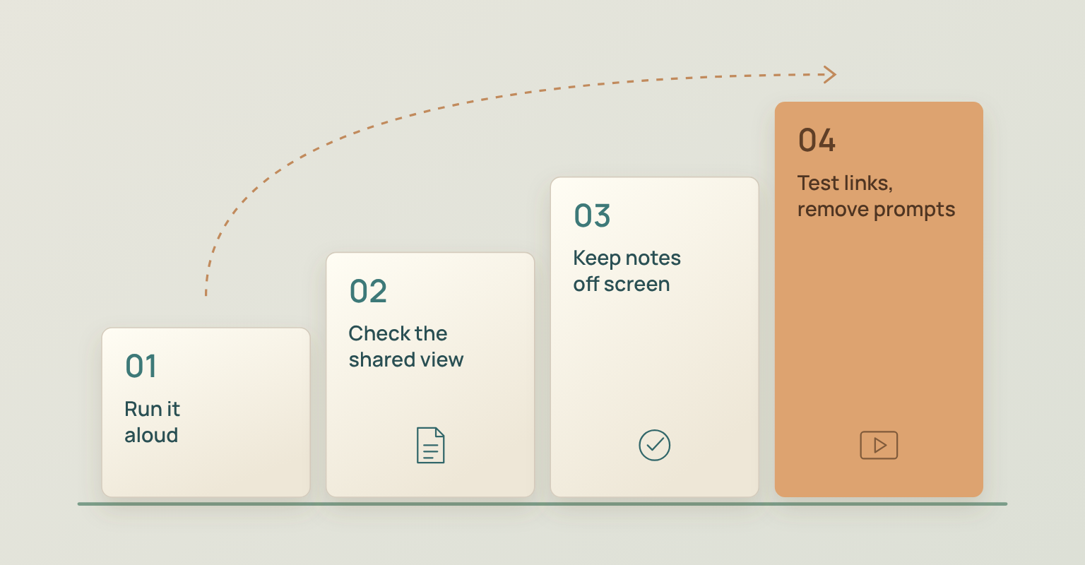 Four steps to prepare a deck for live delivery: run it aloud, check the shared view, keep notes off screen, test links and remove prompts