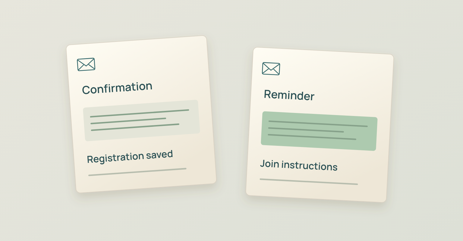 Webinar email sequence diagram: Confirmation, Registration saved, Reminder, Join instructions
