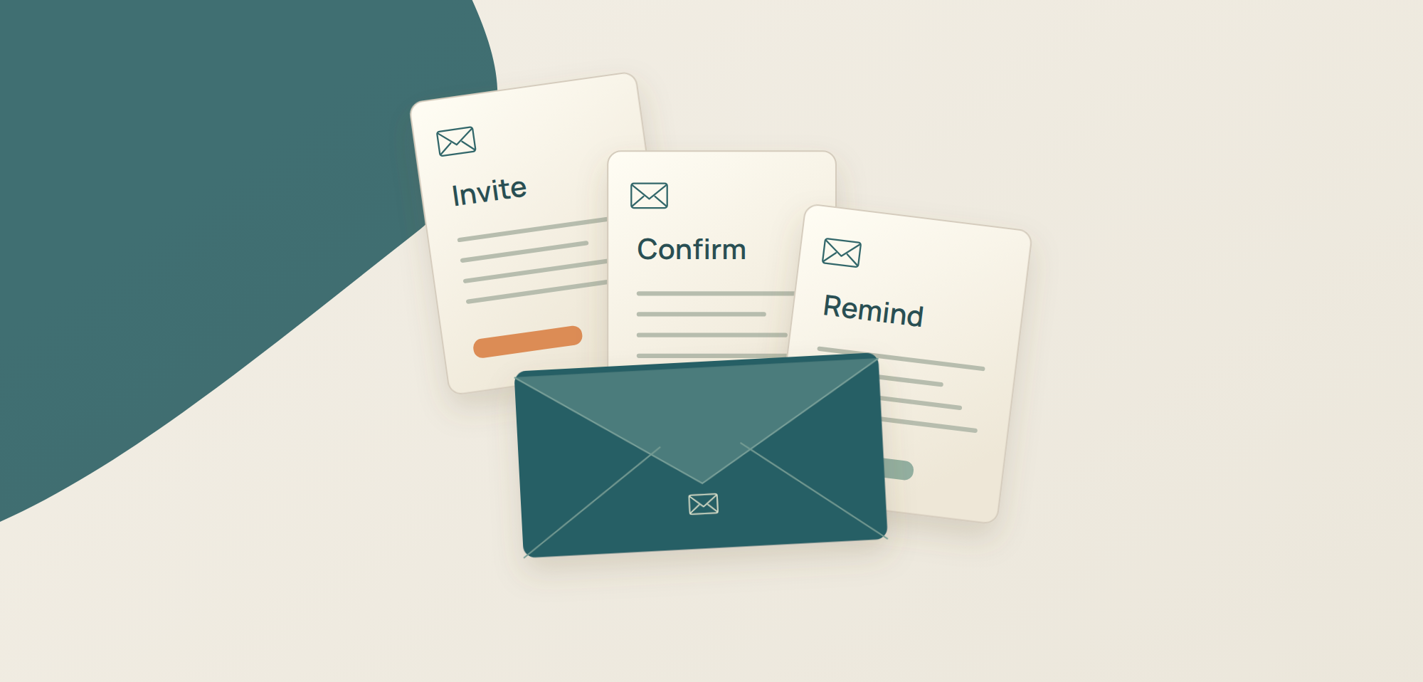 Illustration of webinar email templates: invite, confirm and remind cards beside an envelope