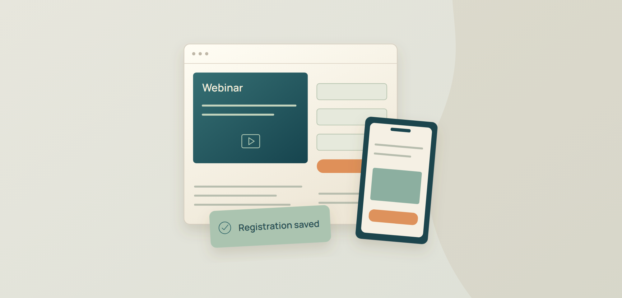 Illustration of a webinar landing page with a registration form on desktop and mobile and a saved registration