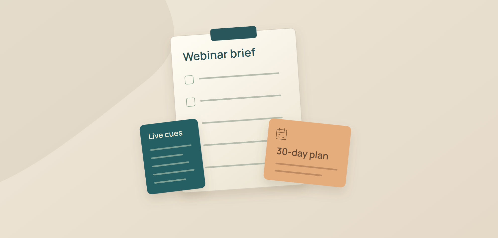 Illustration of a one-page webinar brief checklist with live cues and a 30-day plan