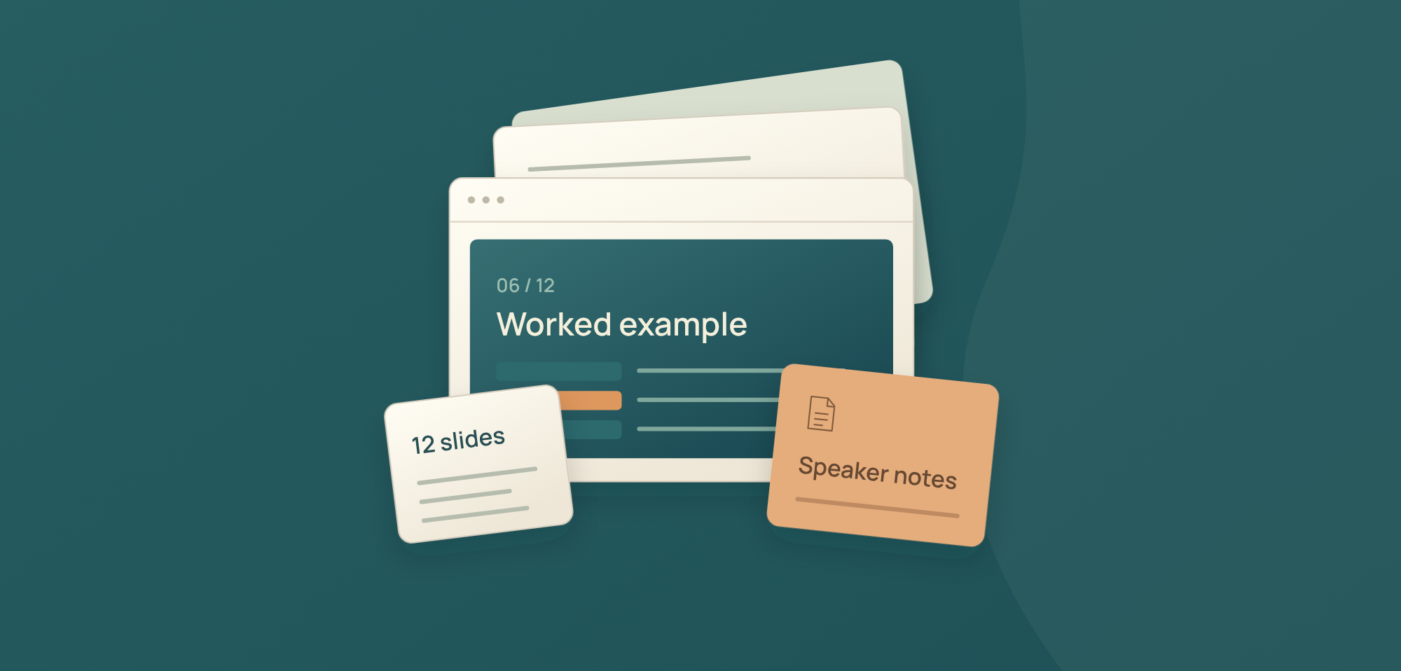 Illustration of a webinar slide deck showing slide 6 of 12, a 12-slides note and a speaker notes card