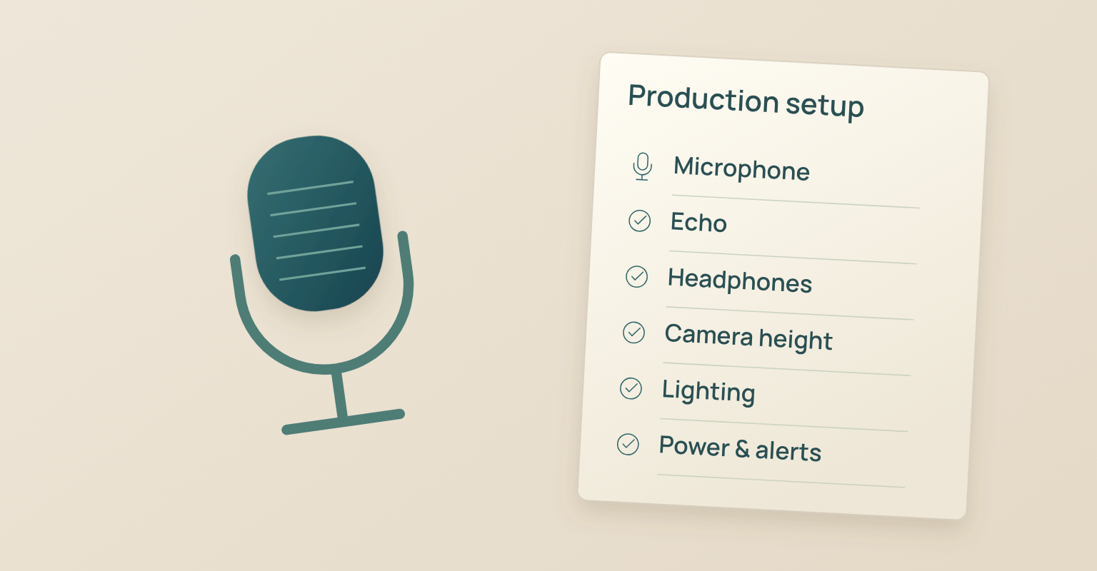 Live webinar hosting diagram: Microphone, Echo, Headphones, Camera height, Lighting, Power & alerts
