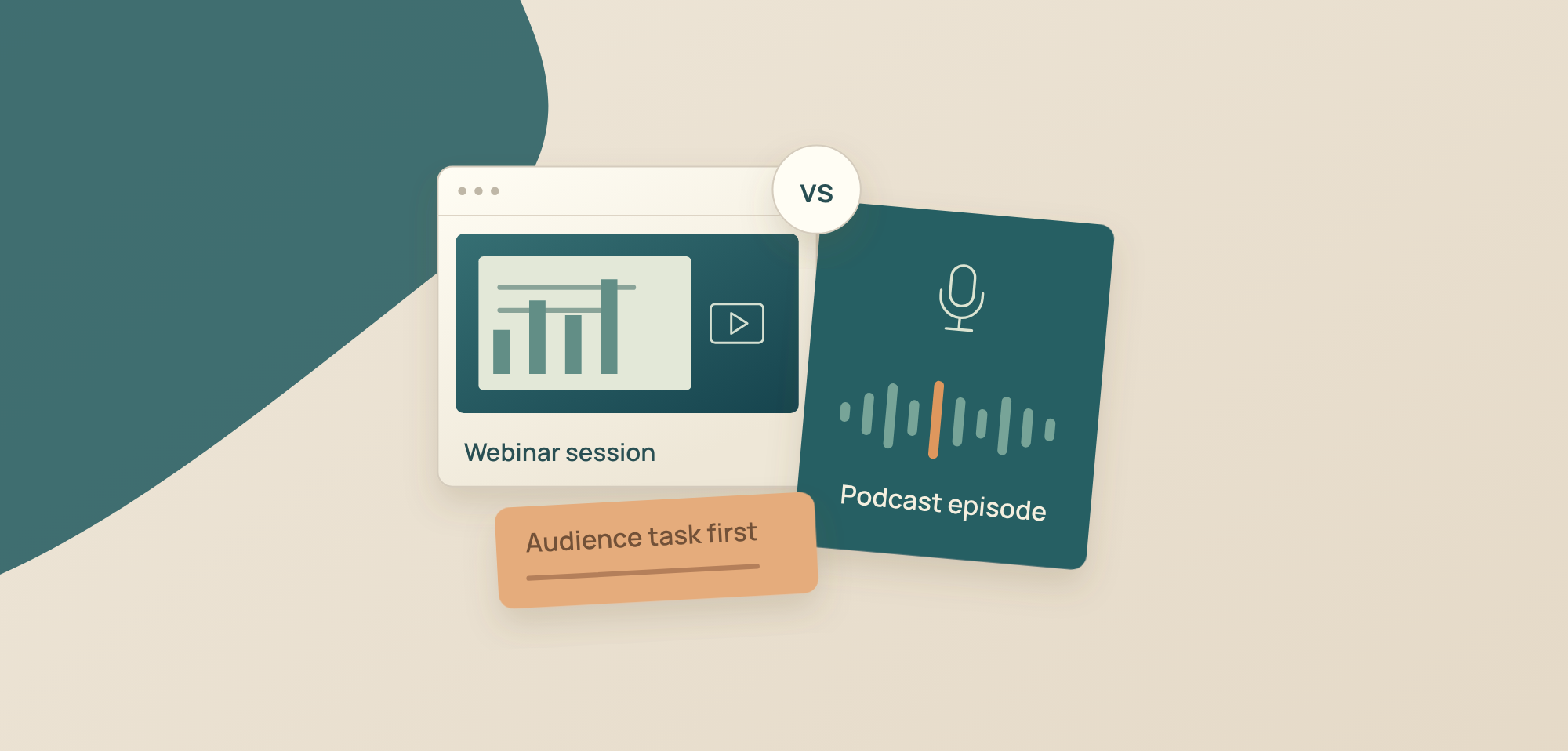Illustration of a webinar session window beside a podcast episode card with a microphone and a waveform