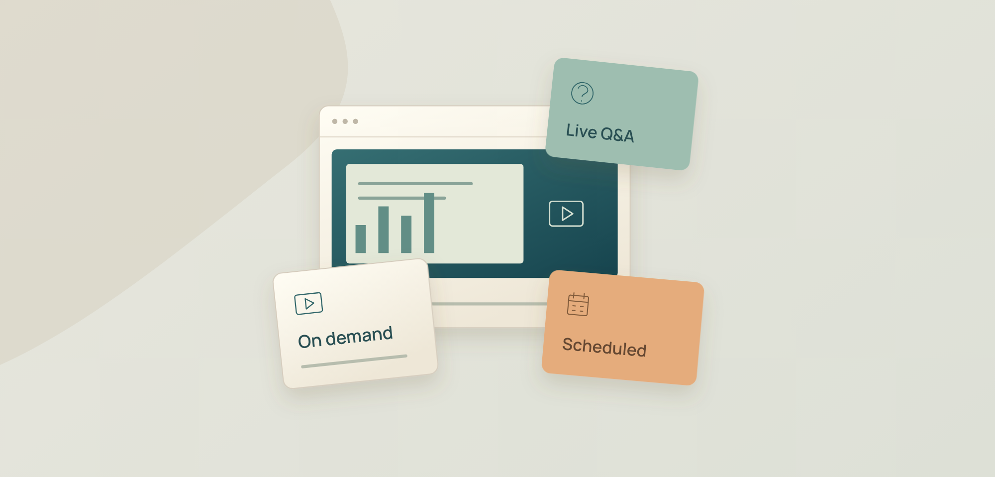 Illustration of a webinar as an attendee sees it: a presentation screen, a speaker tile and a question panel