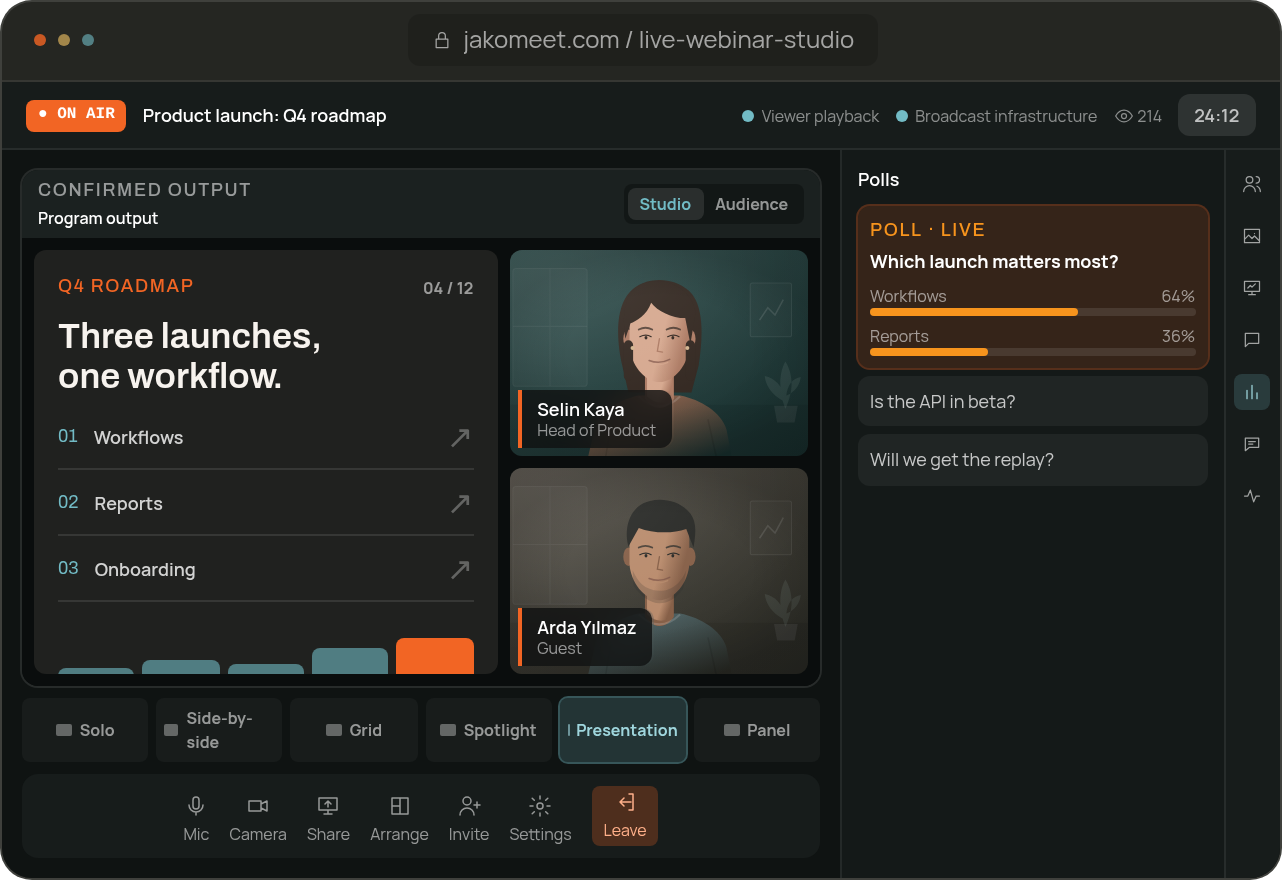 Live webinar in progress with two speakers, a presentation slide, a live poll and audience questions