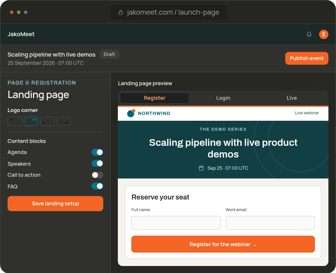 Product launch webinar registration page with content blocks and a registration form