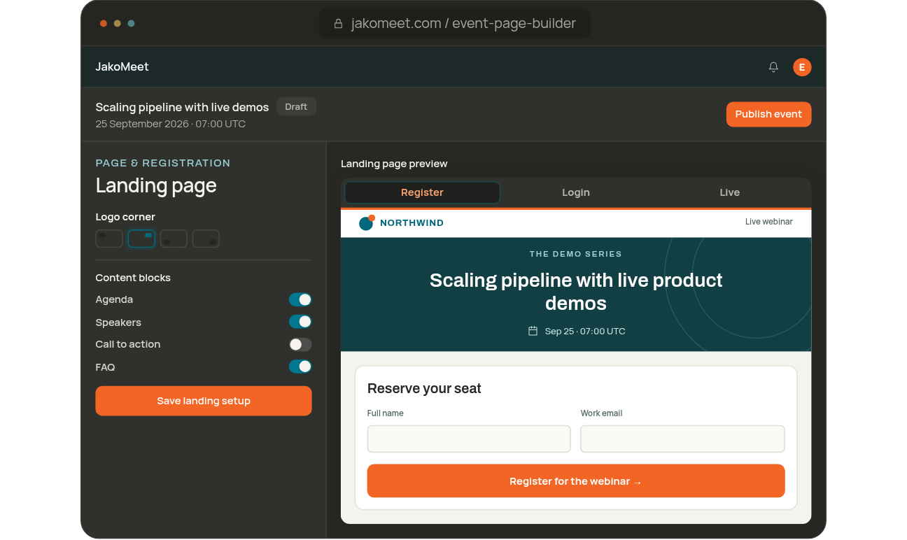 Webinar landing page builder with content block toggles and a registration form preview
