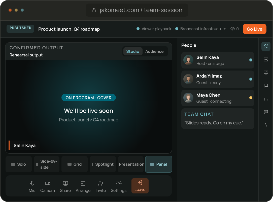 Internal training session backstage with host, guests and team chat before going live