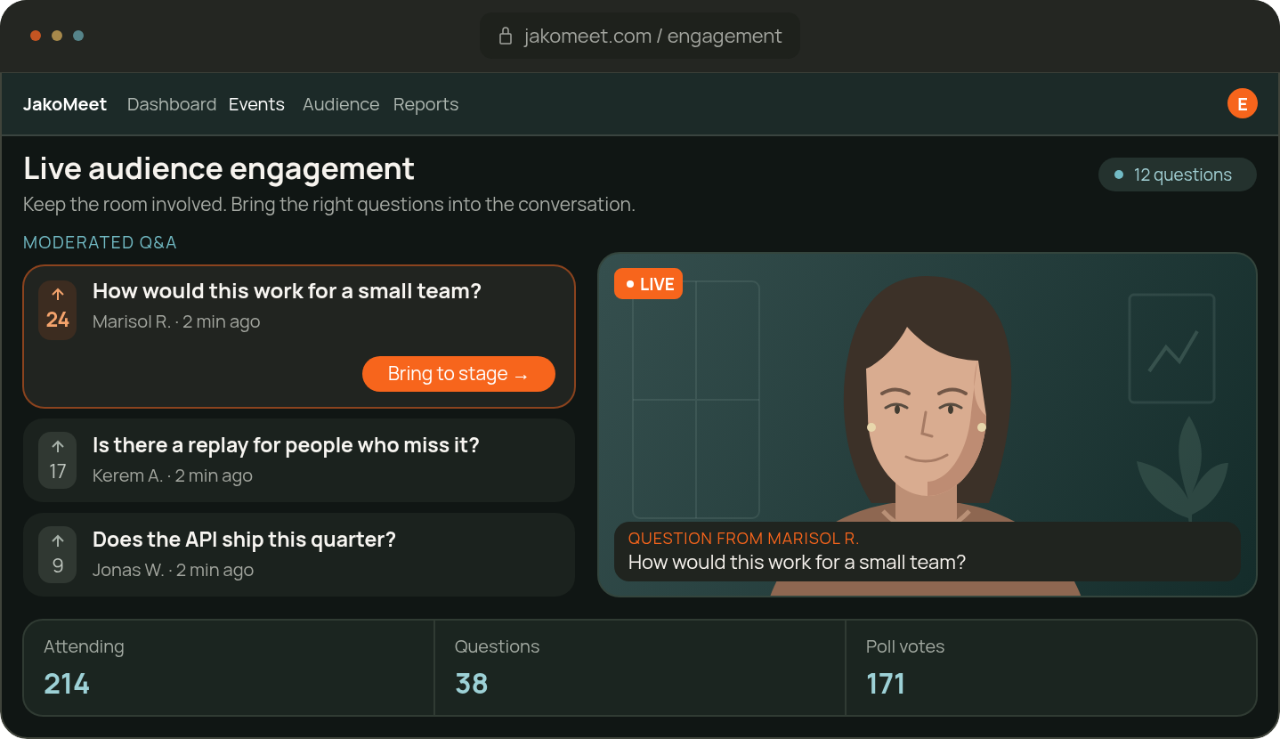 Engaging webinar attendees with moderated Q&A, a highlighted question and poll votes