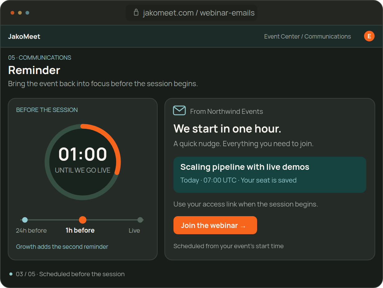 Growth webinar reminder one hour before the session with a countdown and a join button