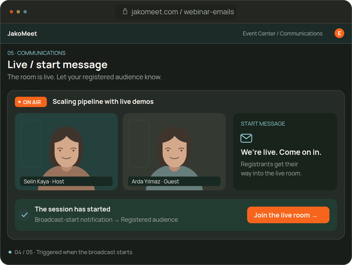 Live webinar with two speakers and an email notifying registrants when the stream starts