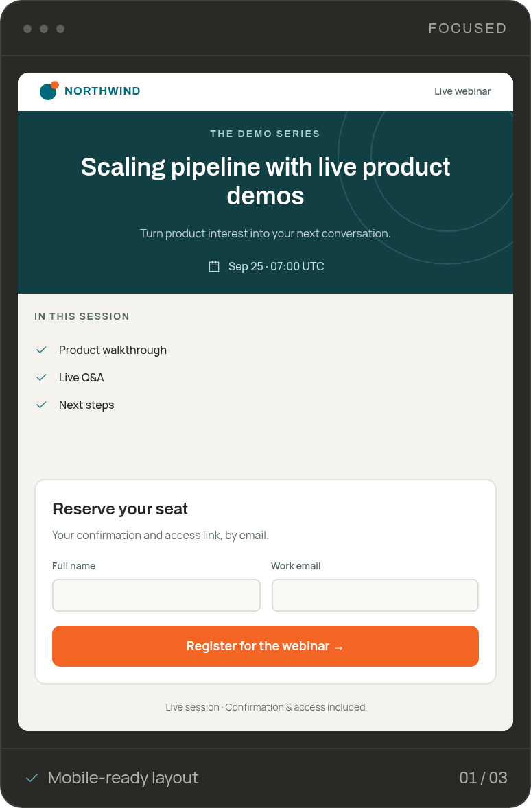Professional webinar landing page template with session highlights and a registration form