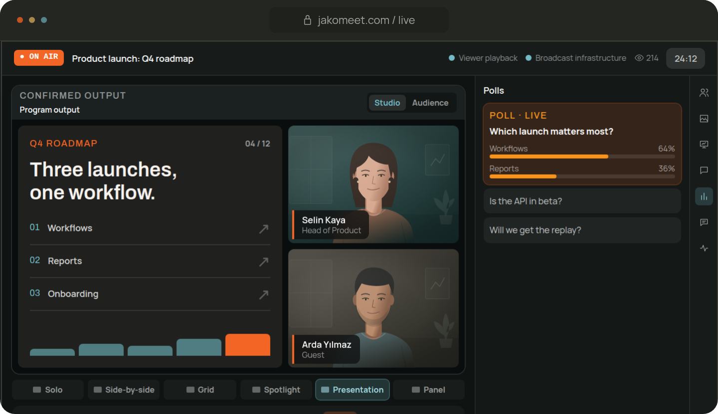 Live lead generation webinar with speakers on stage, a poll and audience questions