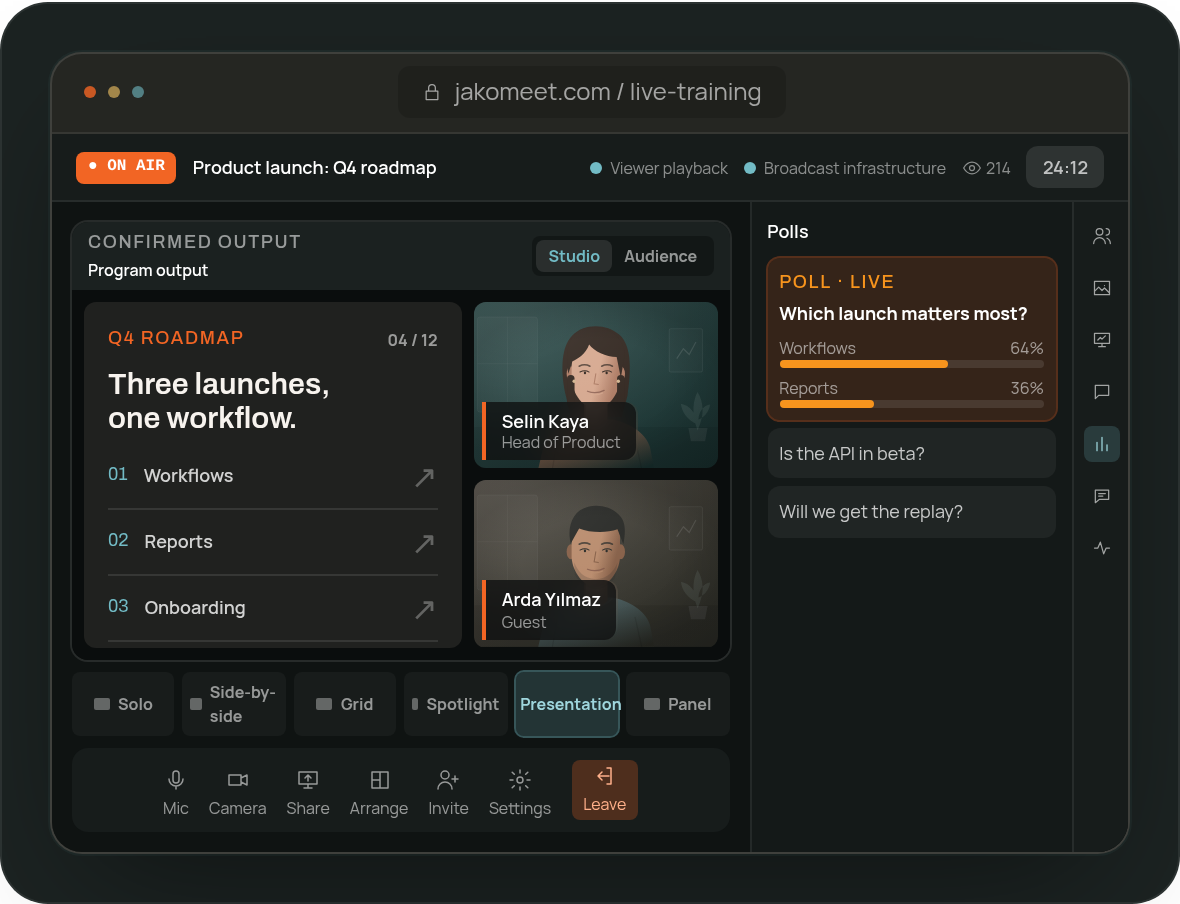 Live customer onboarding webinar with presentation, speakers, a poll and attendee questions