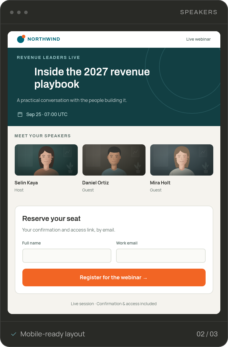 Showcase webinar landing page template with three speaker cards and a registration form