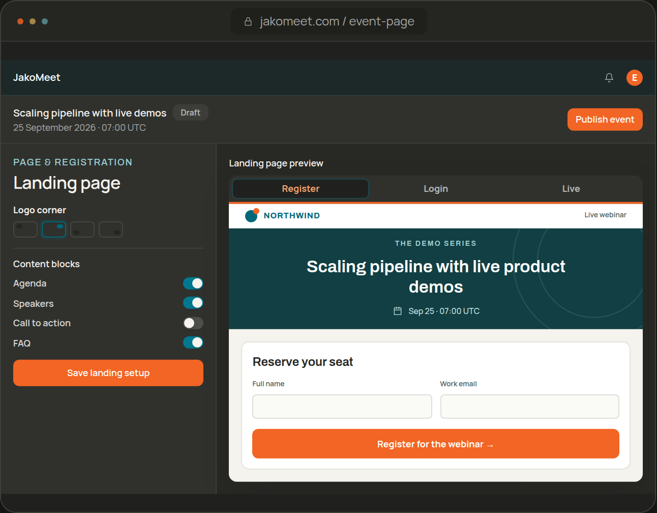 Before the webinar: event landing page and registration form set up for publishing
