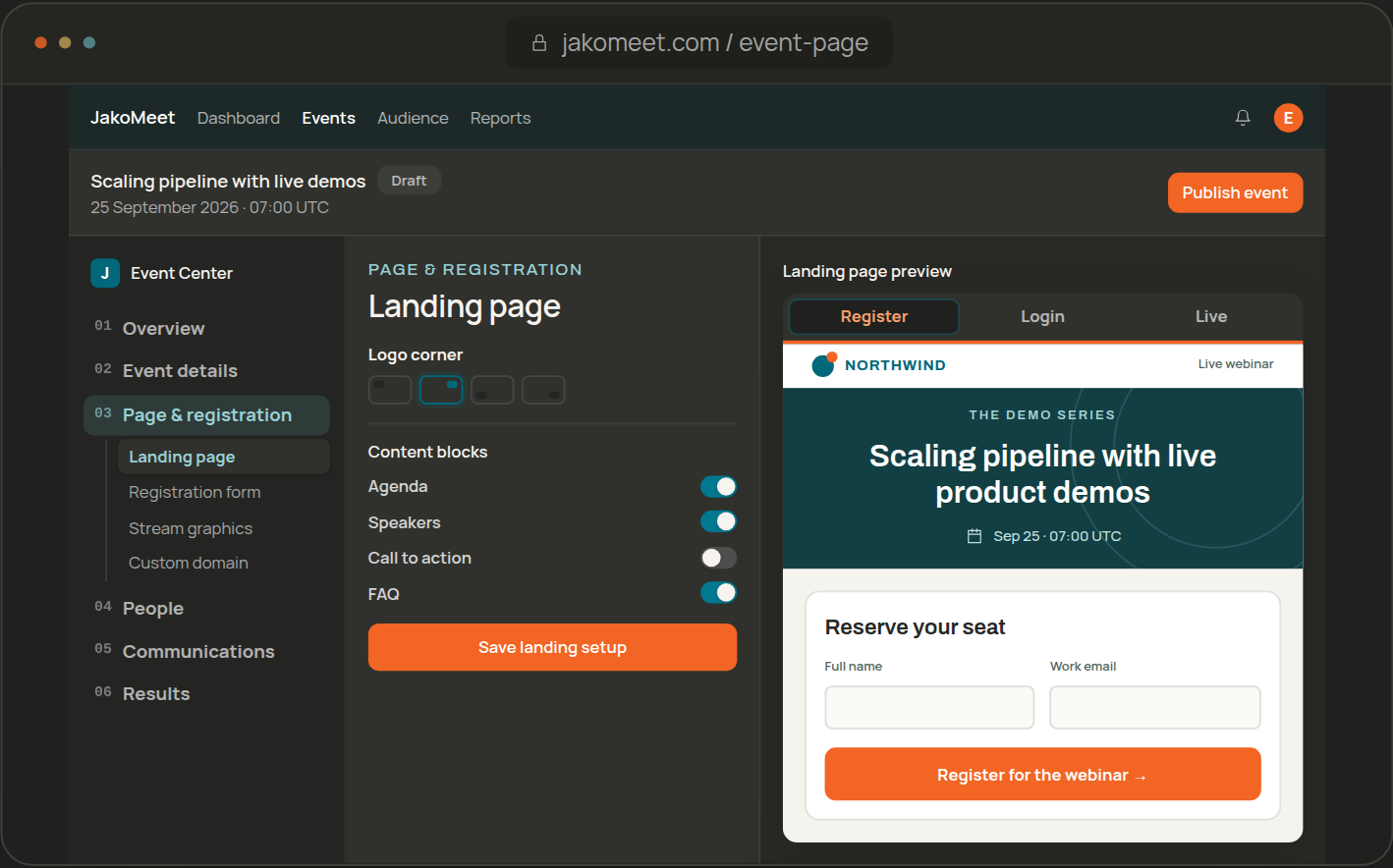 Creating a webinar event page with landing page settings and a registration form preview