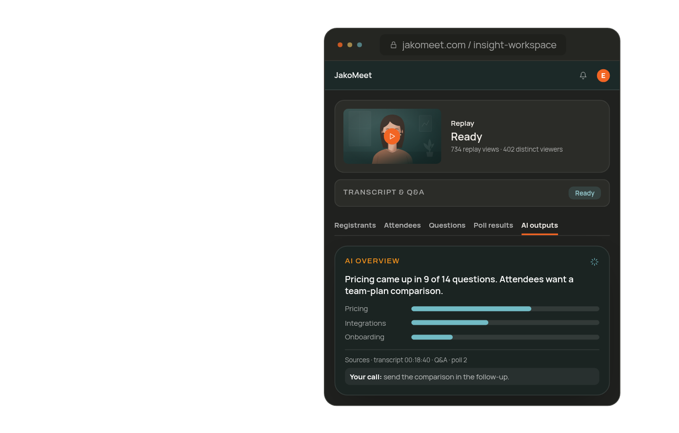 AI Insights summary showing replay status, question themes, and a suggested next action
