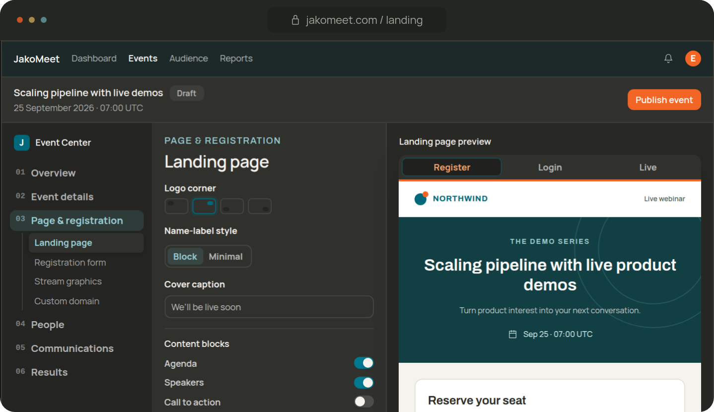 Lead generation webinar registration page with a branded preview and registration form