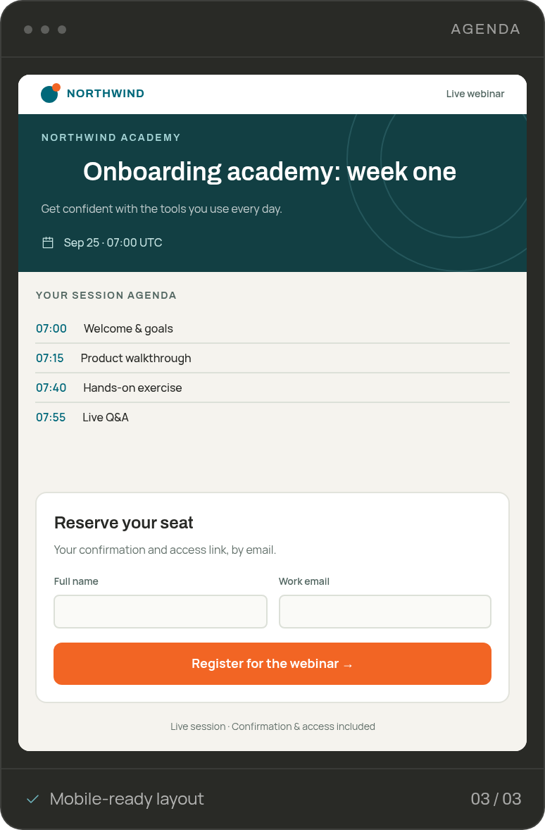 Focus webinar landing page template with a timed session agenda and a registration form