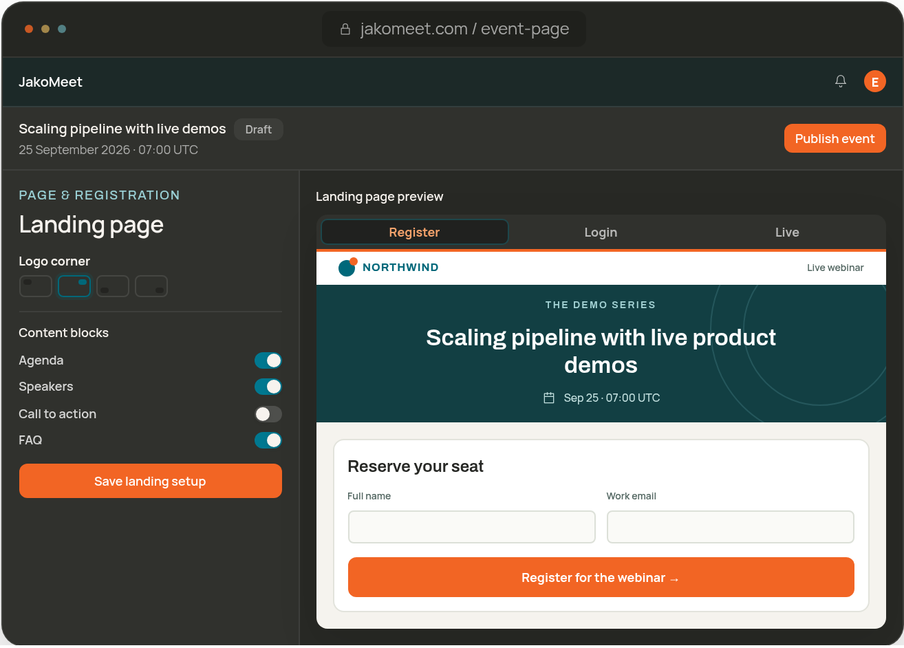 Lead generation webinar set up with a branded landing page and registration form