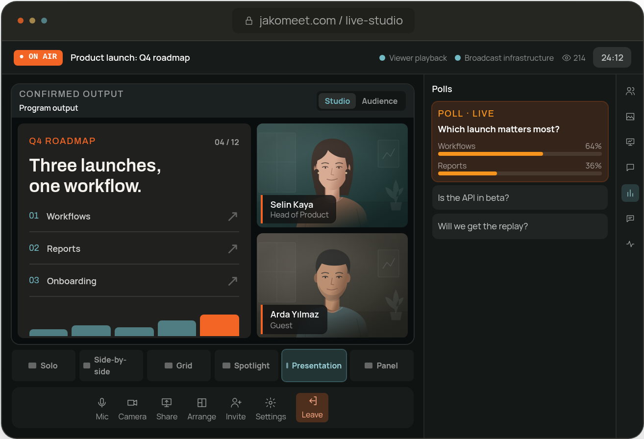 Product launch webinar live with a roadmap slide, two speakers and a live poll