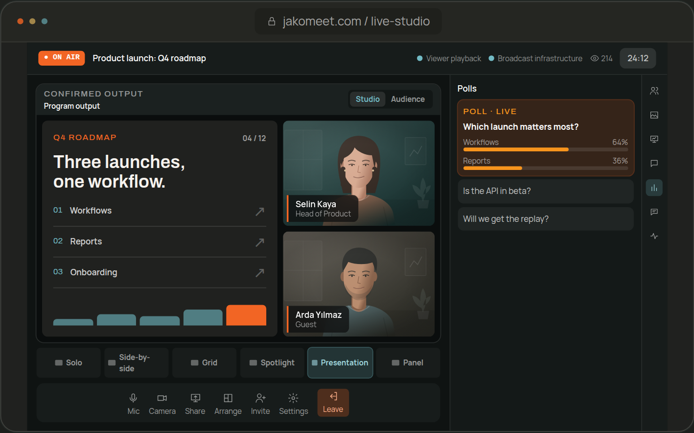 Running a live webinar from the Control Room with speakers, stage layouts and a live poll