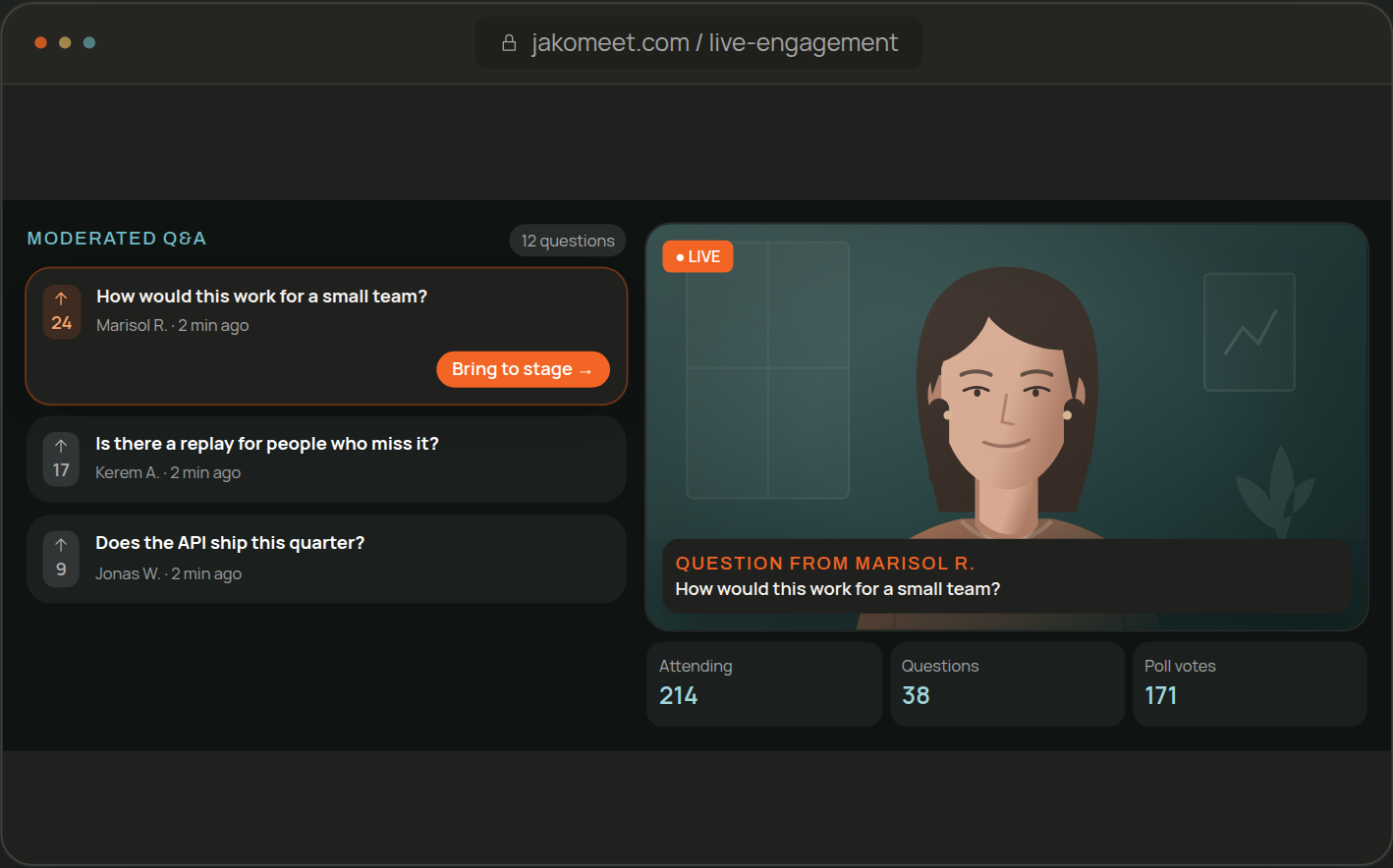 Moderated webinar Q&A with approved questions next to the live speaker and poll votes